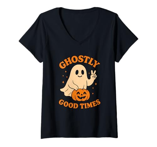 Damen „Gespenstisch Gute Zeiten“ Happy Ghost T-Shirt mit V-Ausschnitt Damen „Gespenstisch Gute Zeiten“ Happy Ghost T-Shirt mit V-Ausschnitt von ghost pumpkin peace sign retro fun halloween