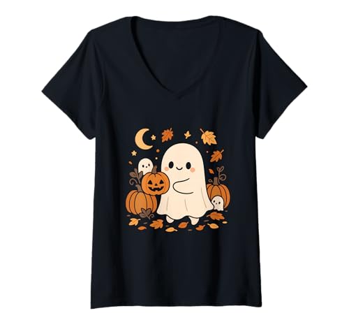 Damen Herbstgeist mit Kürbissen und Mond T-Shirt mit V-Ausschnitt Damen Herbstgeist mit Kürbissen und Mond T-Shirt mit V-Ausschnitt von ghost pumpkins moon autumn leaves halloween