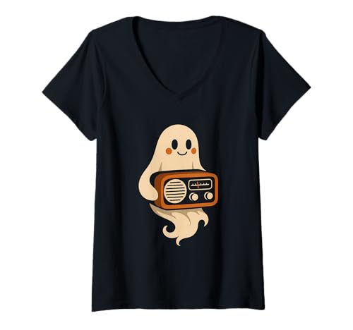 Damen Ghost mit Retro-Radio T-Shirt mit V-Ausschnitt Damen Ghost mit Retro-Radio T-Shirt mit V-Ausschnitt von ghost radio vintage music halloween halloween