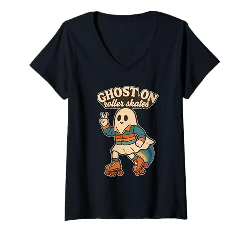 Damen Geist auf Rollschuhen Retro T-Shirt mit V-Ausschnitt Damen Geist auf Rollschuhen Retro T-Shirt mit V-Ausschnitt von ghost roller skates retro peace fun halloween