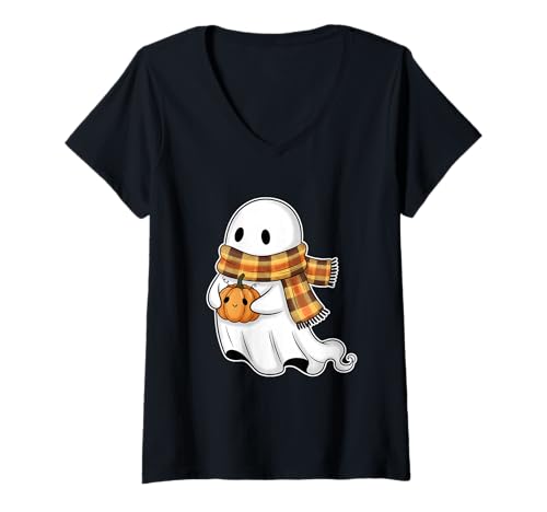 Damen Herbstgeist mit Schal und Kürbis T-Shirt mit V-Ausschnitt Damen Herbstgeist mit Schal und Kürbis T-Shirt mit V-Ausschnitt von ghost scarf pumpkin cozy autumn halloween pumpkin