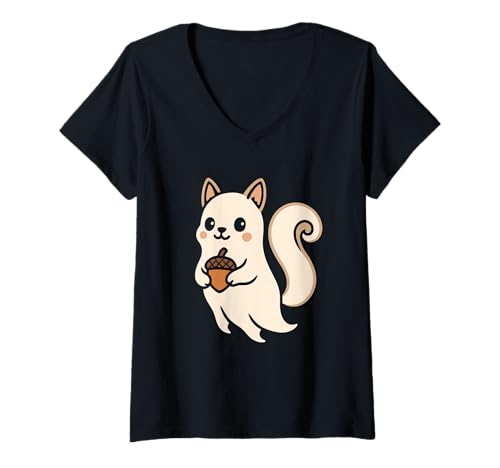Damen Geistereichhörnchen mit Eichel T-Shirt mit V-Ausschnitt Damen Geistereichhörnchen mit Eichel T-Shirt mit V-Ausschnitt von ghost squirrel acorn autumn woodland halloween
