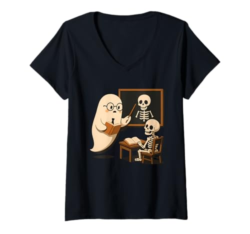 Damen Geisterlehrer und Skelett im Unterricht T-Shirt mit V-Ausschnitt Damen Geisterlehrer und Skelett im Unterricht T-Shirt mit V-Ausschnitt von ghost teacher skeleton classroom bones halloween
