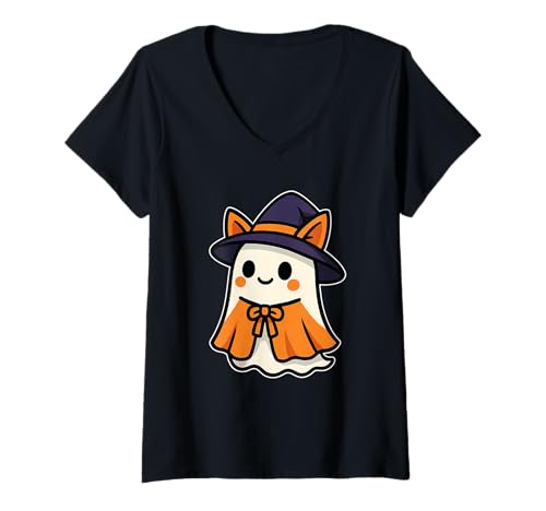 Damen Geisterhexe mit Umhang T-Shirt mit V-Ausschnitt Damen Geisterhexe mit Umhang T-Shirt mit V-Ausschnitt von ghost witch cute spooky hat cape halloween