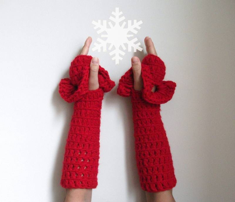 Rote Gehäkelte Fingerlose Handschuhe Handschuhe Aus Dicker Wolle, Valentinstagsgeschenk von giZZdesign