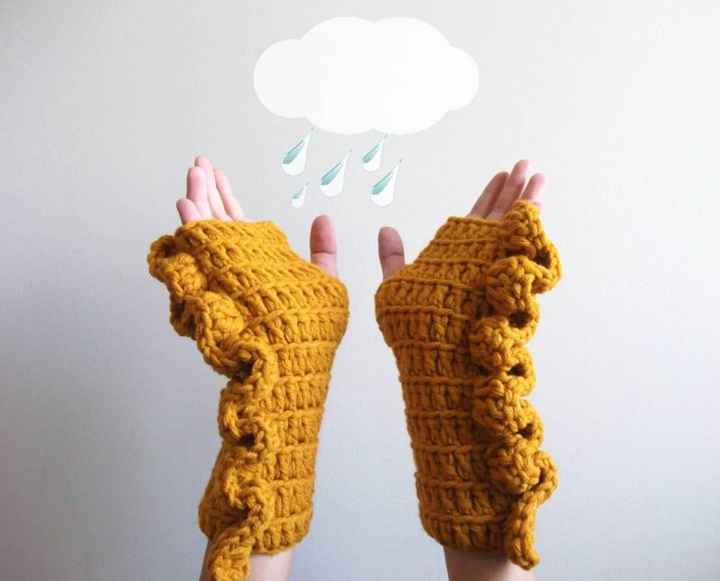 Senf Gehäkelte Fingerlose Handschuhe Dicke Wolle Armstulpen von giZZdesign