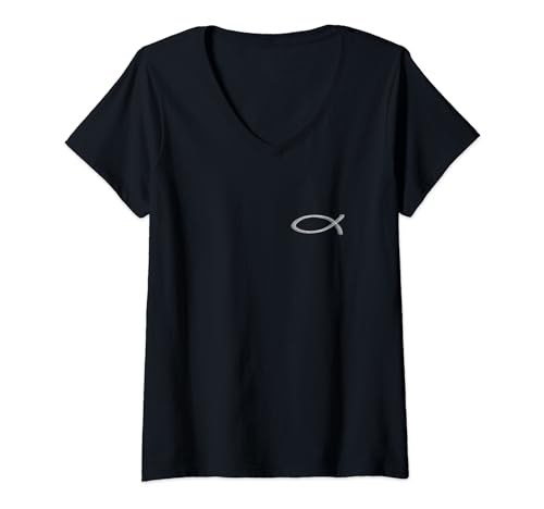 Damen Fisch christlich, klein, dezent, Jesus und Glaube T-Shirt mit V-Ausschnitt von gifts for christians and believers