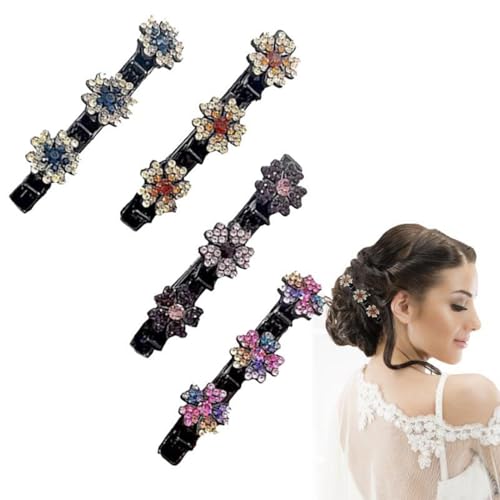 Haarnadel mit Kristallblume | 4 Haarsteine ​​für Zöpfe | Haarnadel mit doppeltem Pony für Mädchen und Frauen, doppellagige Haarspangen-Tools von gifyym