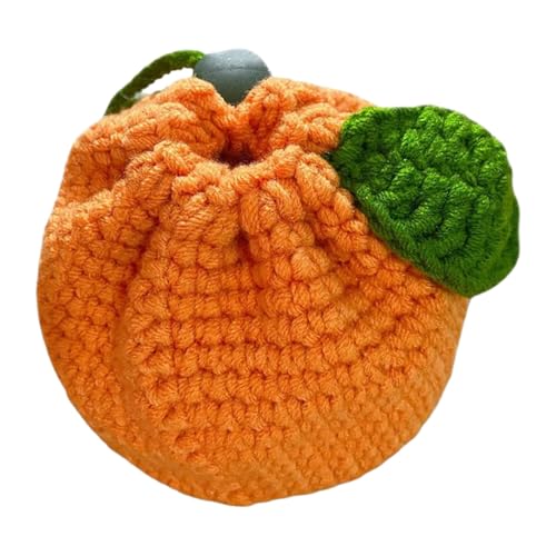 Orangefarbener Münzbeutel,Orangefarbener Tangerine-Beutel - Gestrickte Tasche mit Kordelzug,Süßes Portemonnaie, Gehäkelte Geldbörse, Gehäkelte Geldbörse für Kopfhörer, Ohrhörer-Tasche für Frauen von gifyym