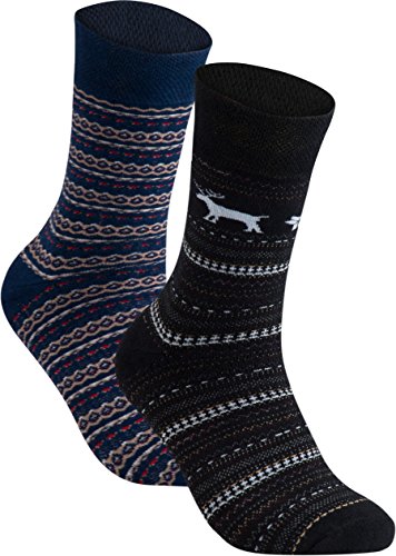 gigando | Comfortable Christmas Socks | Weihnachtssocken für Damen und Herren | warme Thermosocken im Weihnachts Design mit extra weichem Komfortrand | Geschenkbox | 2 Paar | schwarz, marine | 43-46| von gigando