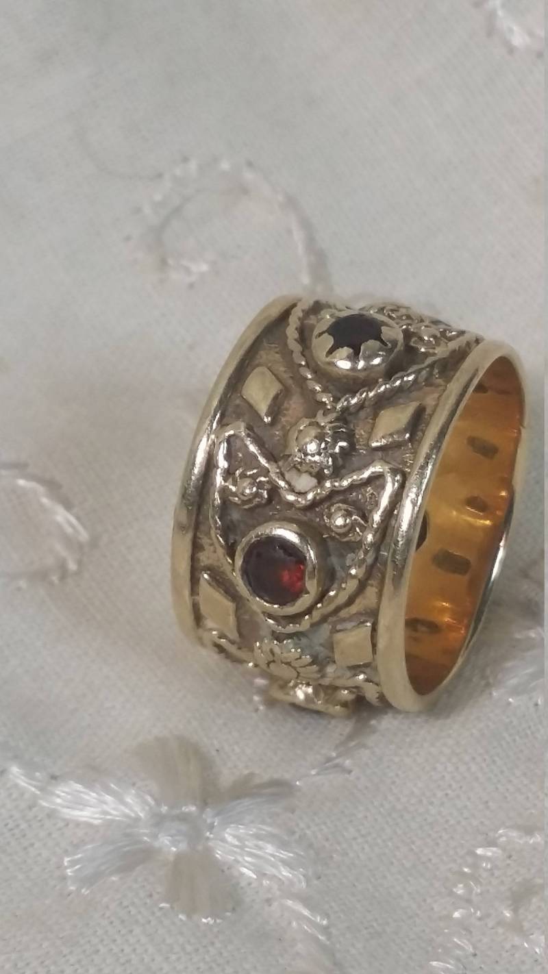 14 Kt Goldring Damen Breitband Zigarre 14Kt Hochzeit Granat Diamant Vintage Antik Weihnachten Geschenk Jahrestag von gigiattheocean