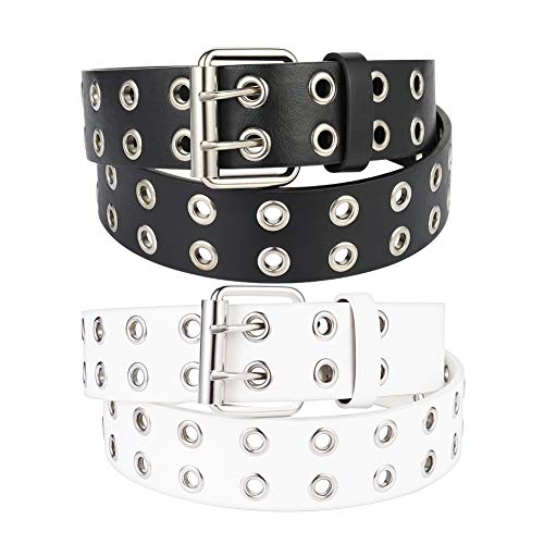 gigitube 2 Stück Doppelloch-Nietengürtel, Punk-Gürtel, Hip-Hop-Gürtel für Damen und Herren, Schwarz und Weiß von umorismo
