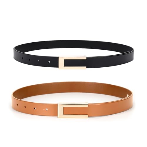 gingokuo Damen-Ledergürtel für Hosen, Jeans, modische Kleider, goldene Schnalle, schmale Gürtel für Damen, 2 Stück, 5 - Schwarz + Braun, ②Fit Waist 30"-34" von gingokuo