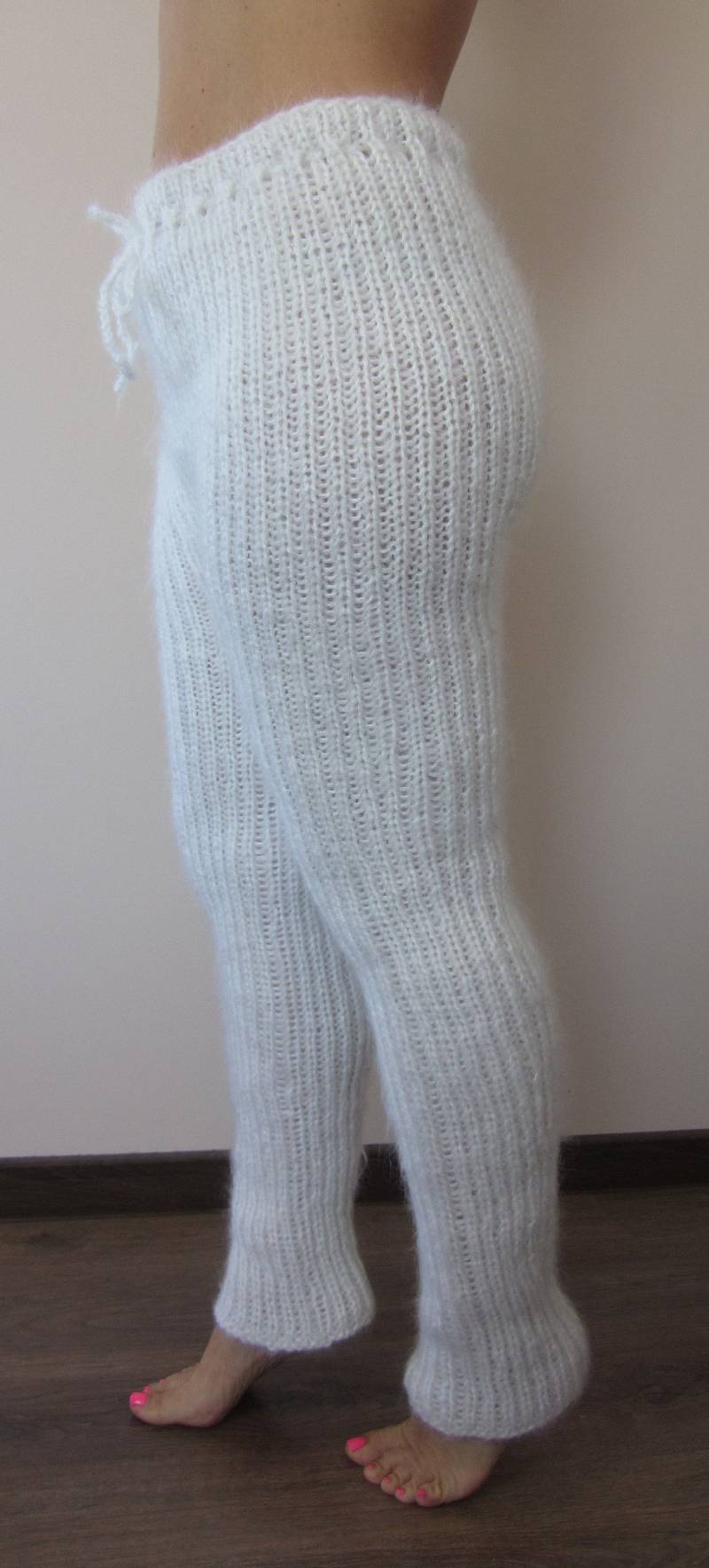 Mohair White Designer Handgestrickte Hose Stulpen Gerippt Weich Gemütlich von giorgioqualitat