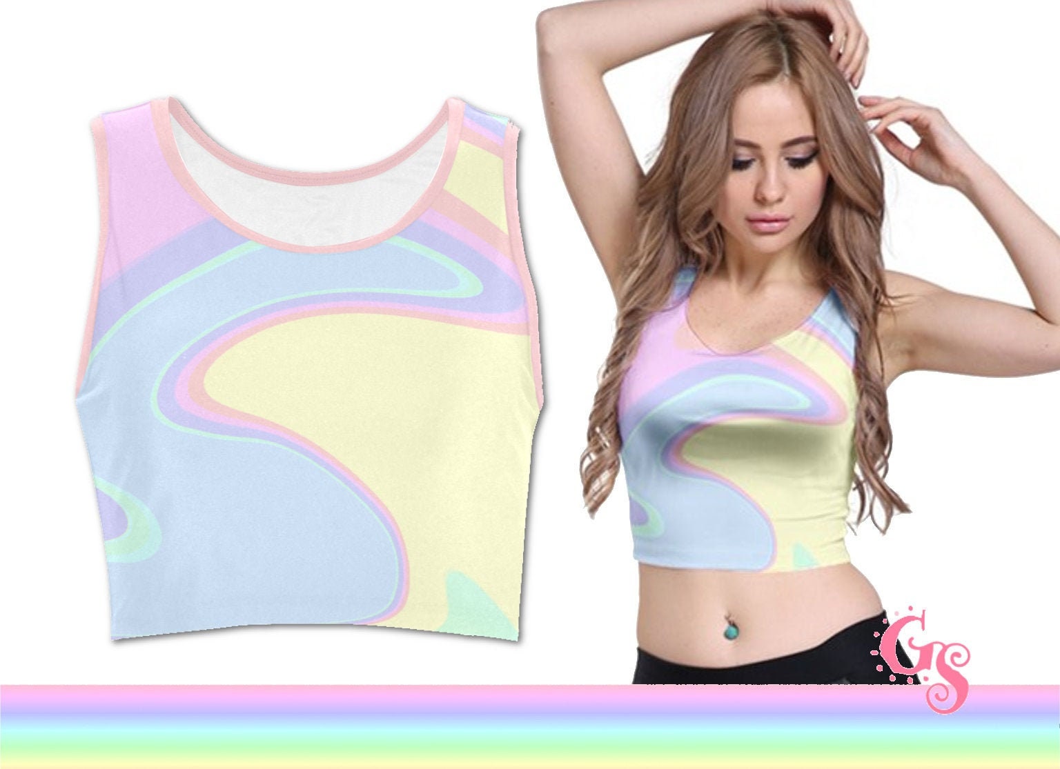 Regenbogen Top Bauchfrei Shirt Marmorierter Farbverlauf Print I Pastel Goth Bonbon Farben Mädchen Damen Sommer Kleidung von girlSSpell