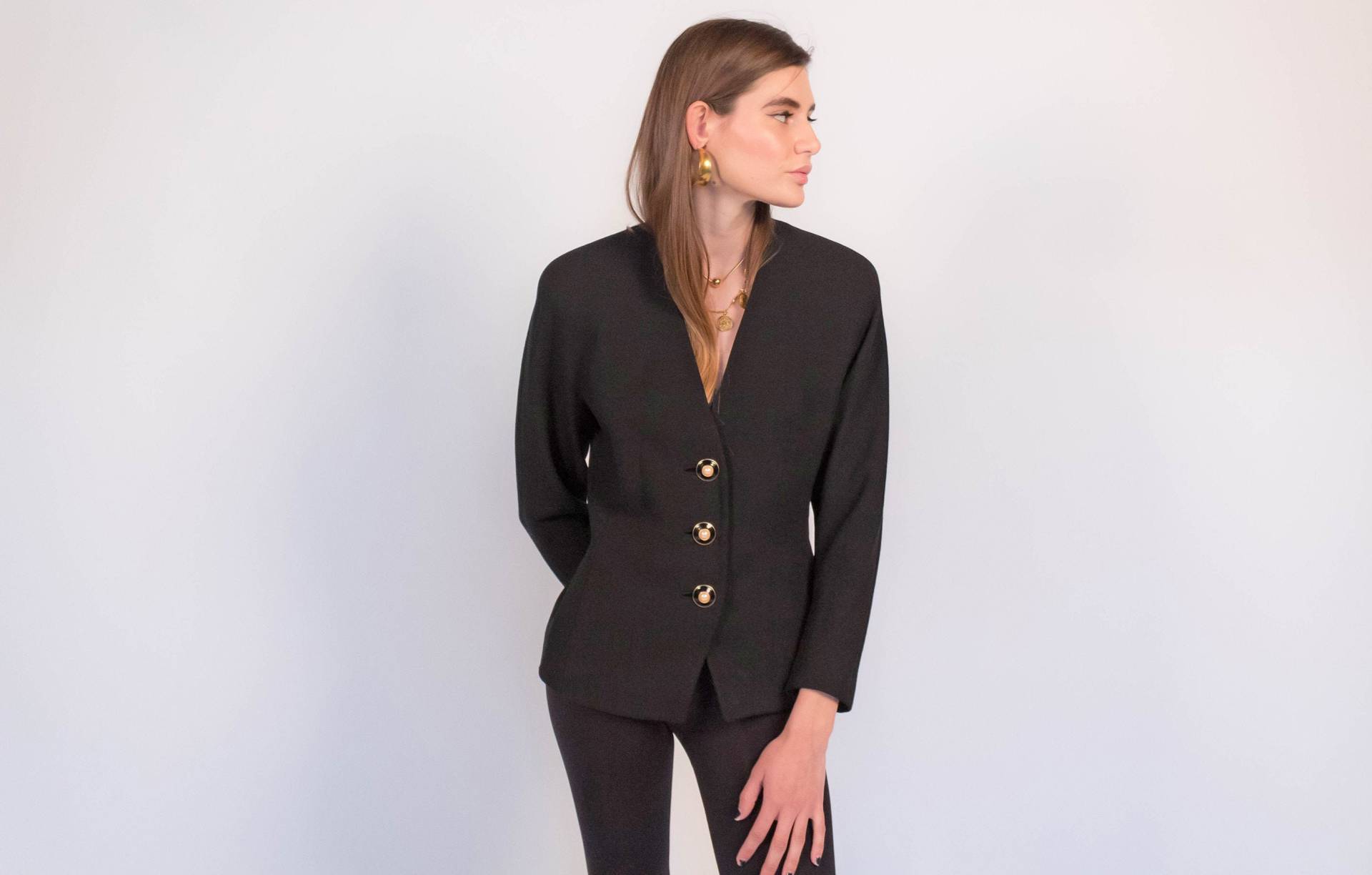 80Er Jahre Anne Klein Schwarze Wolle Blazer Größe Xs/S von giselaandzoevintage