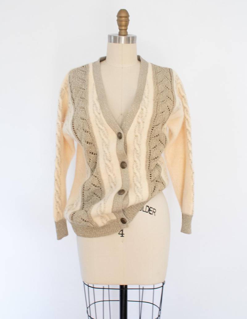 Vintage Angora Zopfmuster, Metallic Gold Cardigan, 80Er Jahre Angora-Kaninchen-strickjacke | xs-S von giselaandzoevintage