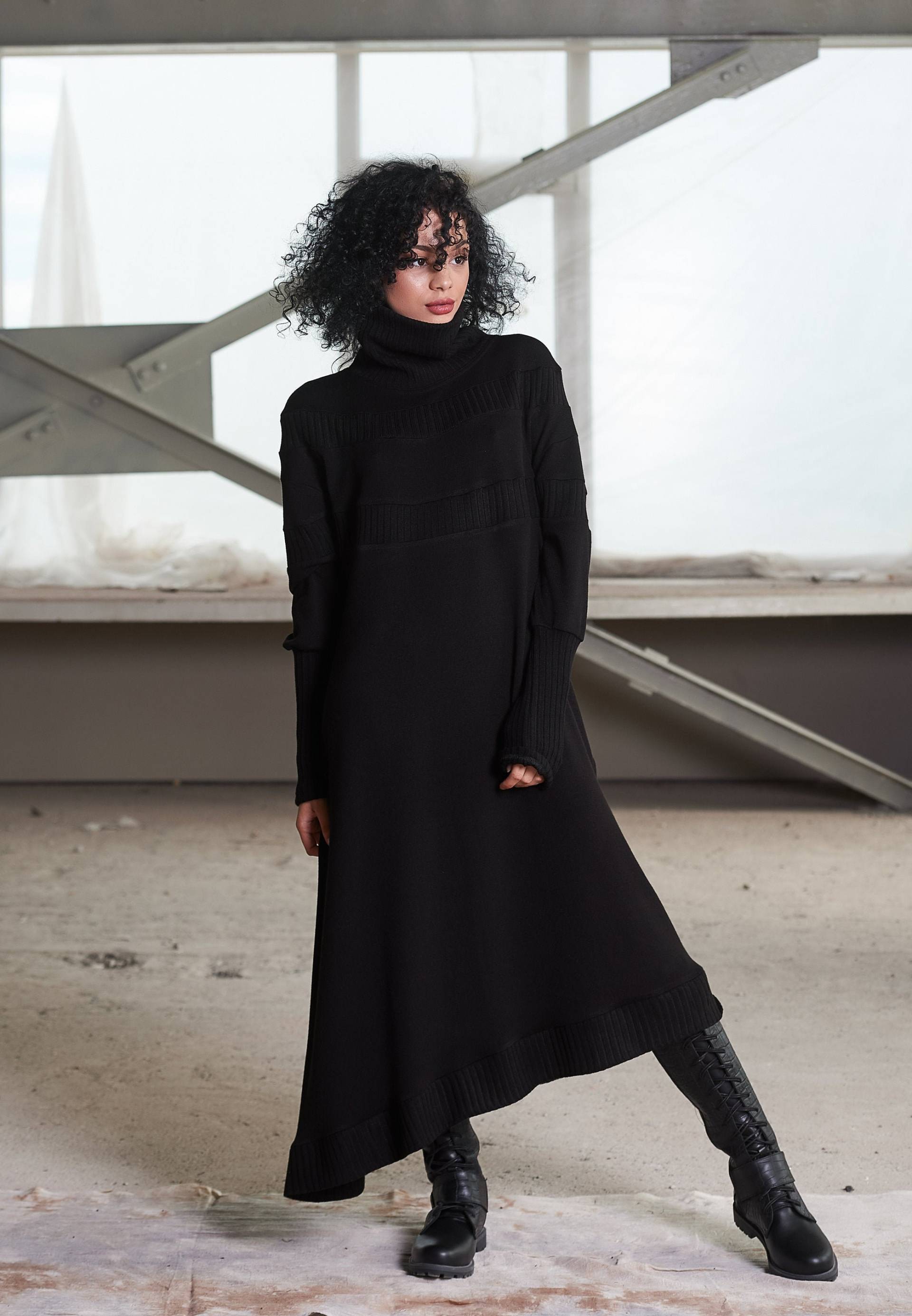 Plus Size Strick Maxi Kleid, Rollkragen Wollmischung Winterkleid von gizda