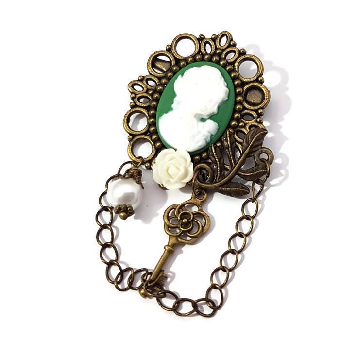 Lady Cameo Brosche Grün Pin Antik Messing Victorian Regency Egl Mode Modeschmuck Alltags Chic Geschenk Für Sie Muttertagsgeschenk von glamasaurus