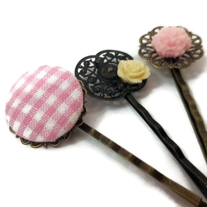 Karierte Bobby Pins-Karierte Haarnadeln-Karierte Haarspangen-Blumen Haarkämme-Rosa Accessoire-Set Von 3-Geschenk Für Mädchen-Karierte Clip von glamasaurus