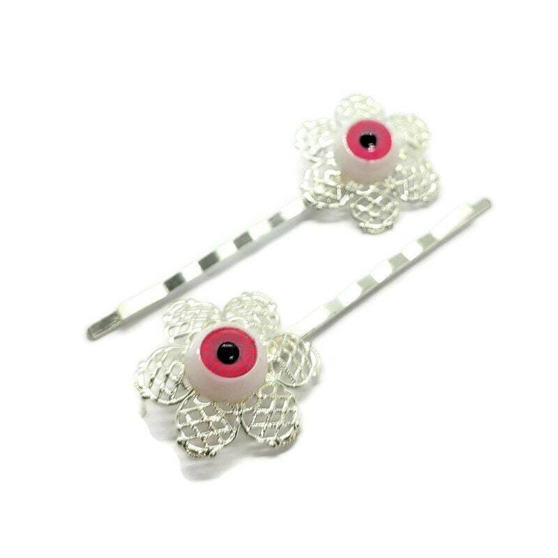 Rosa Augen Haar Pins 2Er Set Bobby Goth Gothic Halloween Schmuck Teen Girl Hübsche Haarspangen Silber Haarkamm Clip von glamasaurus