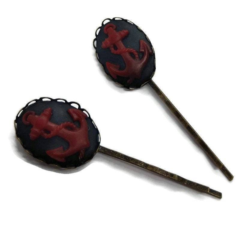 Roter Anker Bobby Pin 2Er Set Maritim Cameo Haarspangen Sailor Pins Rockabilly Haarnadeln Modeaccessoire Haarspange Clip von glamasaurus