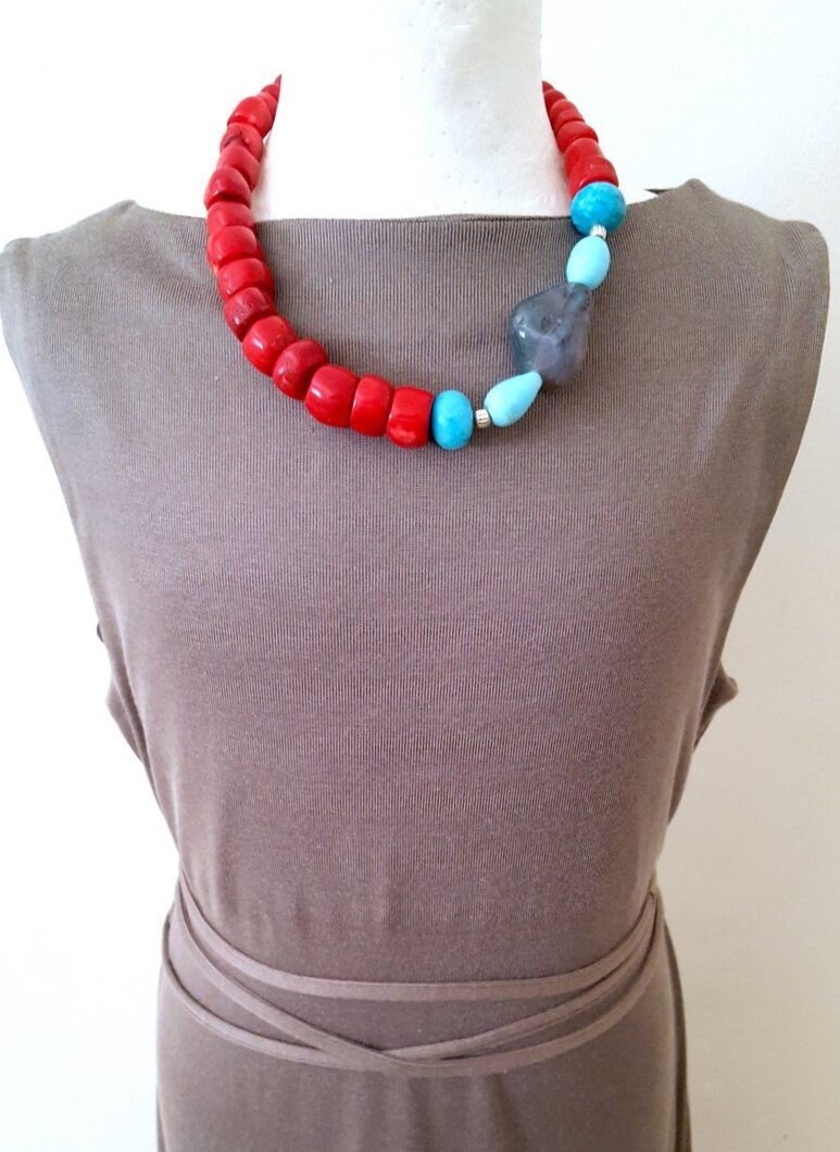 Glamrox Knockout Rote Koralle Und Türkis Halskette. Korallen Halskette Türkis. 925.koralle Avantgarde von glamrox