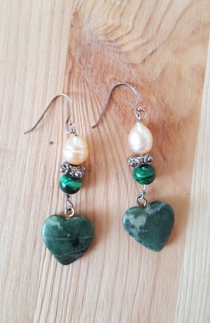 Hübscher Jäger Jade, Malachit & Barock Perle Sterling Silber 925 Herz Ohrring. Israel Schmuck. 925. Jade von glamrox