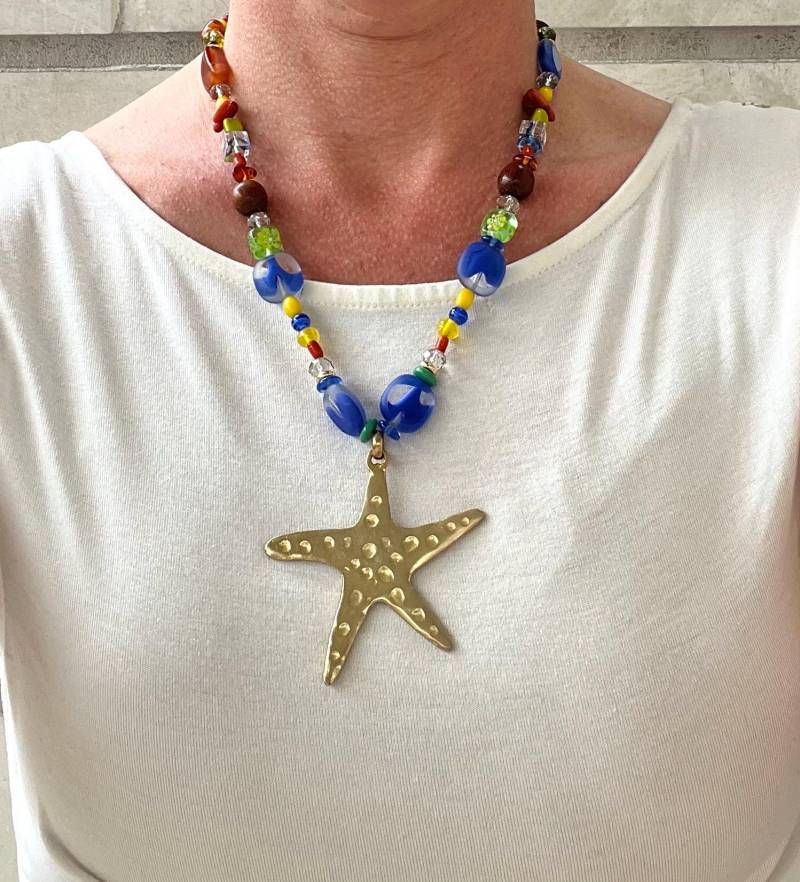 Starfish Multi Stone Lange Perlen Statement Halskette. Glamrox Halskette Stein Perlen. Gold Farbe Seestern von glamrox
