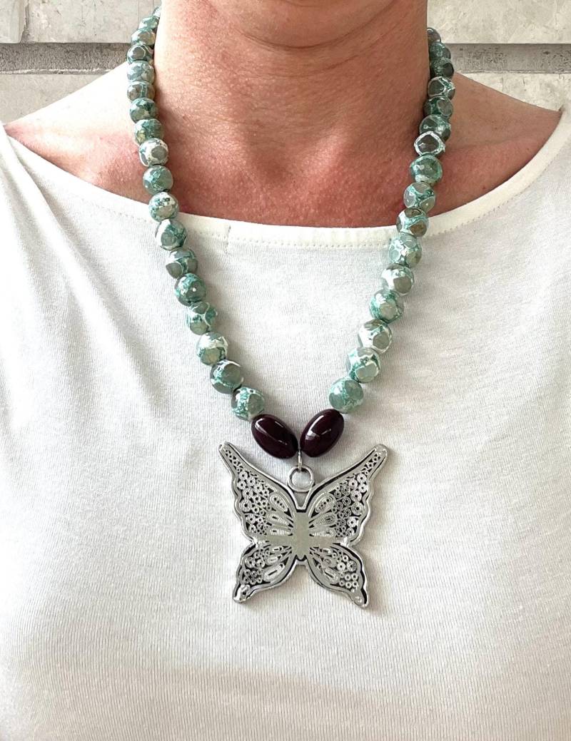 Verkauft Aquamarin Achat Silber Filigrane Schmetterling Halskette. Filligran Halskette Multi Edelstein Glamrox von glamrox
