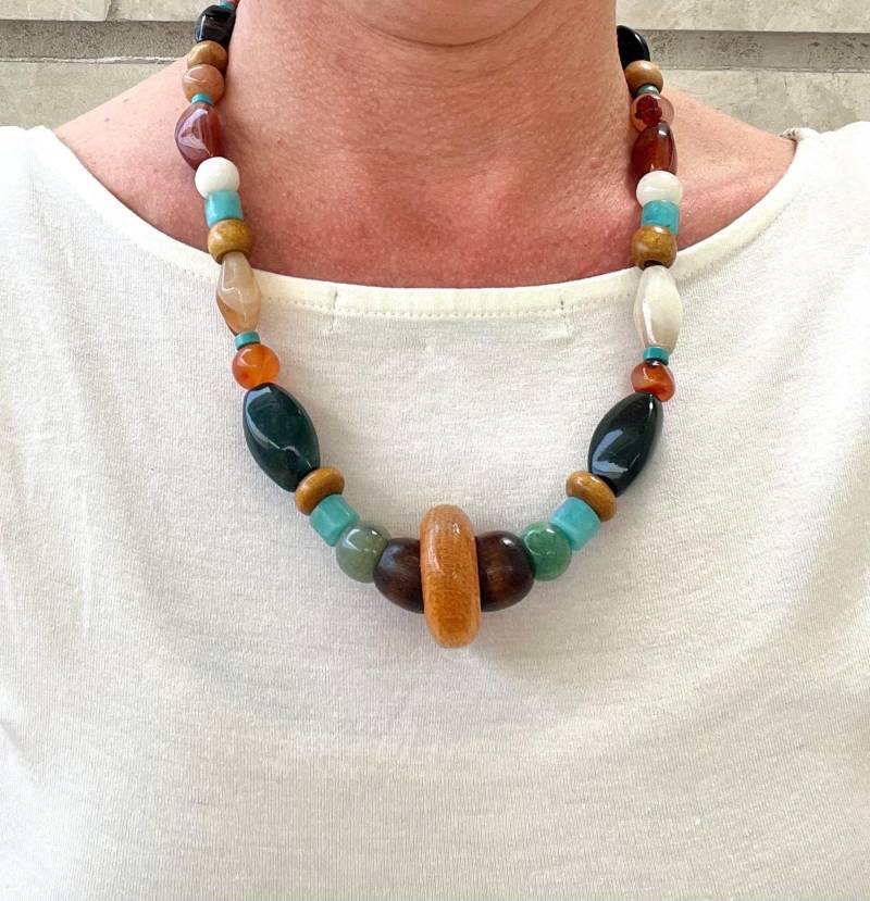 Wunderschöne Holz Achat. Türkis Aventurin Necklace.multi Edelstein Halskette. Glamrox Kette Boho Mit Multi Stein von glamrox