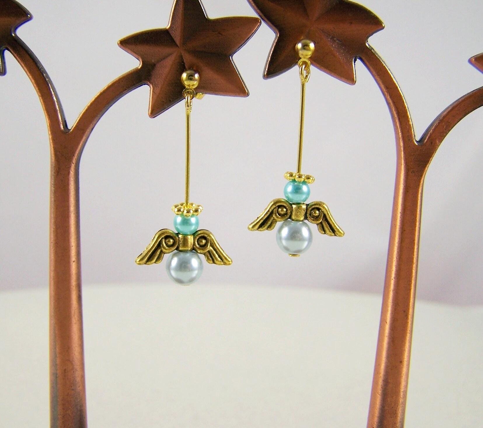 Engelchen Ohrringe Ohrhänger Ohrstecker Boho Goldfarben Ohrschmuck Geschenk Frauen Damen Mädchen Geburtstag Romantisch Weihnachten Türkis von glanzundgeschmeide