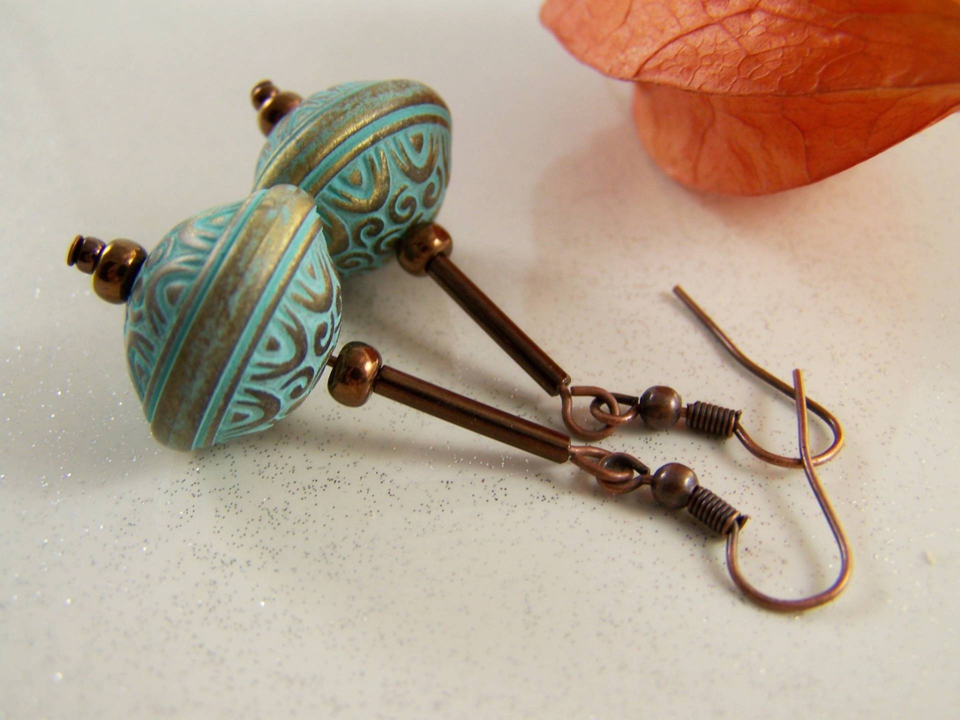 Ethno Ohrringe Ohrhänger Ohrstecker Boho Ohrschmuck Geschenk Frauen Mädchen Geburtstag Hochzeitstag Hippie Türkis Kupferfarben Weihnachten von glanzundgeschmeide