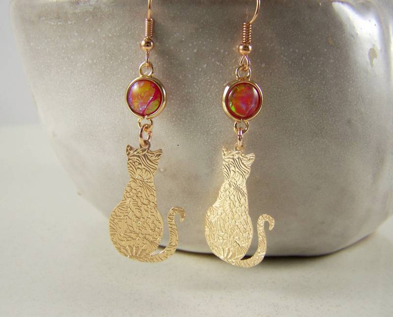 Kätzchen Mit Zartem Muster in Rosengoldfarben Ohrringe Katze Ohrhänger Ohrschmuck Geschenk Frauen Damen Geburtstag Mädchen Hochzeitstag von glanzundgeschmeide