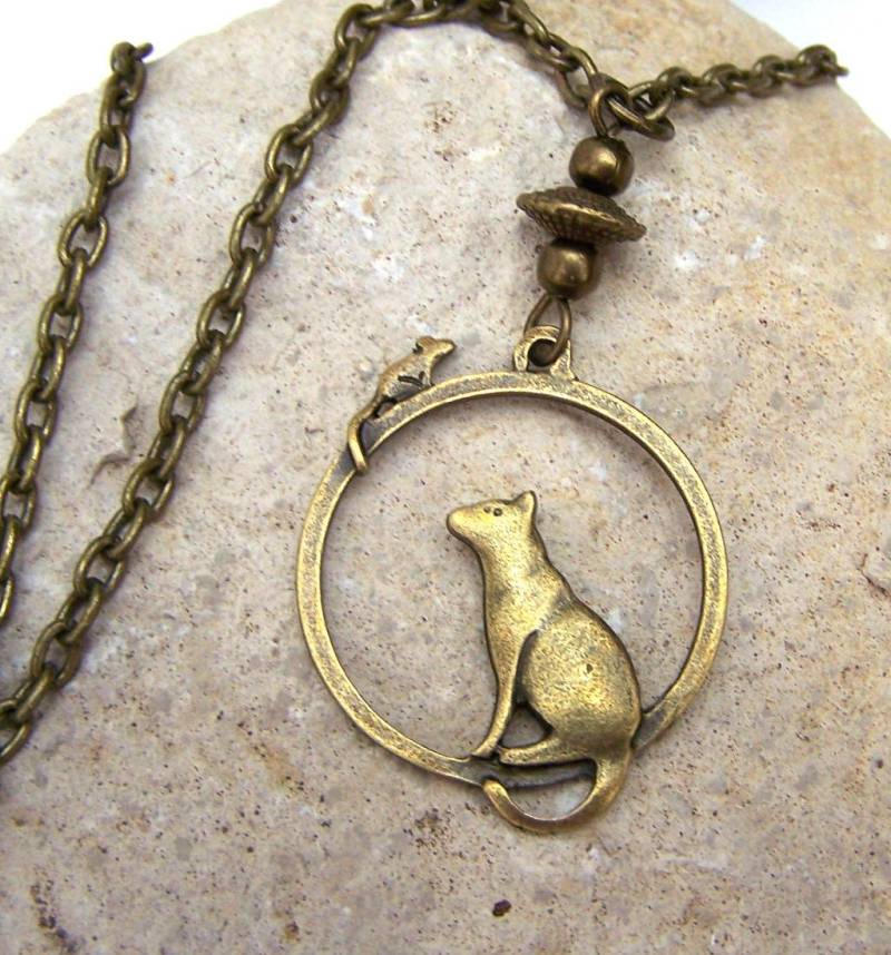 Katze Und Maus Kette Halsschmuck Cat Kater Bronzefarben Geschenk Geburtstag Frauen Damen Mädchen Muttertag Weihnachten Hochzeitstag von glanzundgeschmeide