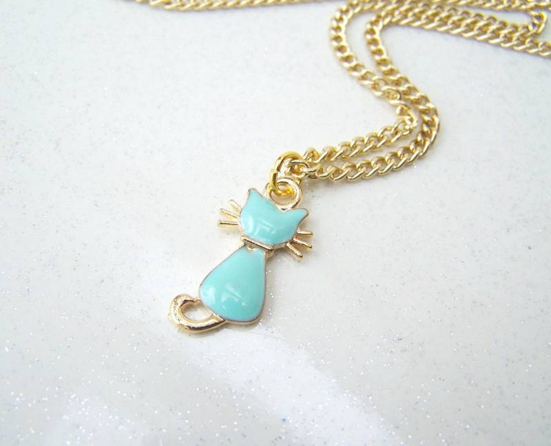 Kette Türkises Kätzchen Katze Kater Goldfarben Halsschmuck Geschenk Emaille Frauen Mädchen Kids Geburtstag Weihnachten Türkis Muttertag von glanzundgeschmeide