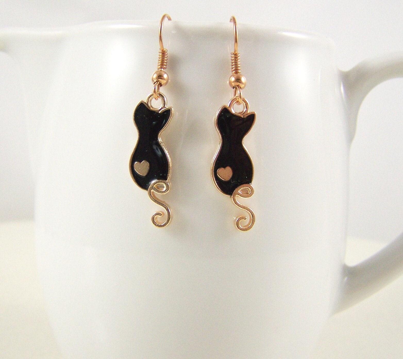 Ohrringe Schwarze Katze Mit Rosengoldfarbenem Herz Ohrschmuck Frauen Mädchen Katzen Geschenk Geburtstag Tiere Ohrhänger Ohrstecker von glanzundgeschmeide