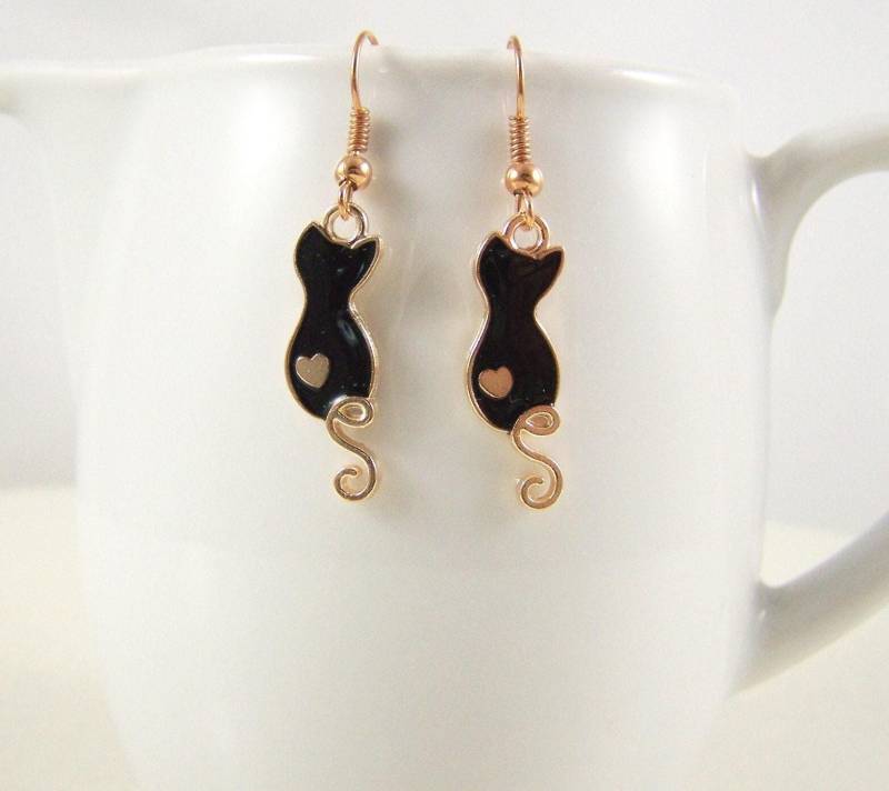 Ohrringe Schwarze Katze Mit Rosengoldfarbenem Herz Ohrschmuck Frauen Mädchen Katzen Geschenk Geburtstag Tiere Ohrhänger Ohrstecker von glanzundgeschmeide