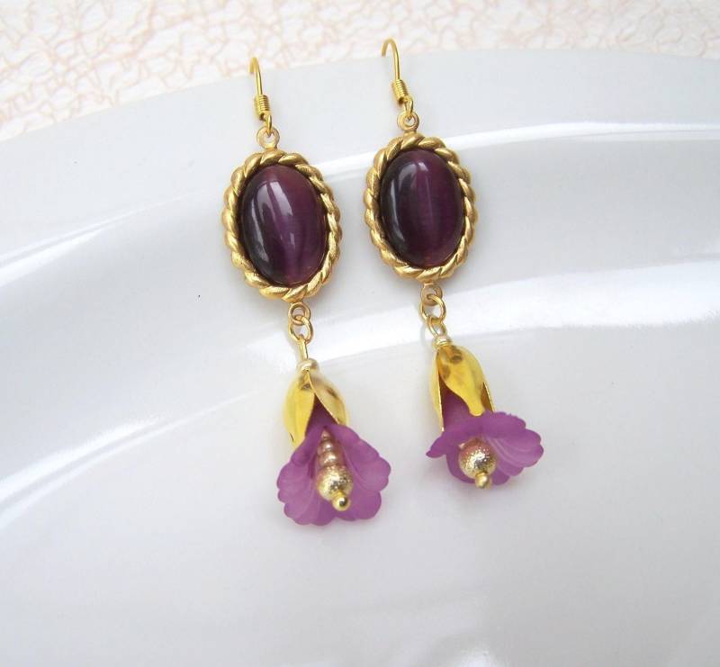 Ohrringe Traumzeit Vintage Romantisch Ohrschmuck Frauen Blumen Lila Goldfarben Geschenk Ohrhänger Geburtstag Verlobung Hochzeitstag Mädchen von glanzundgeschmeide