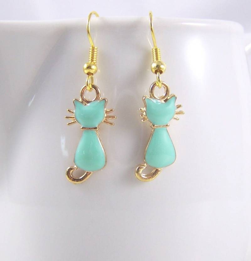 Ohrringe Türkisblaue Kätzchen Katze Geschenk Frauen Damen Mädchen Ohrschmuck Emaille Goldfarben Tiere Kater Ohrhänger Creolen Ohrstecker von glanzundgeschmeide
