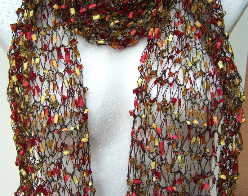 Schal Warme Erdfarben Handarbeit Lacé Strickschal Tücher Braun Orange Gelb Geschenk Geburtstag Frauen Mädchen Damen Accessoires Weihnachten von glanzundgeschmeide