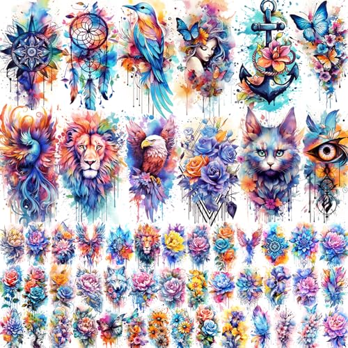 52 temporäre Aquarell-Tattoos für Frauen und Erwachsene, realistische 3D-Blumen-Schmetterlings-Phönix-Mandala, gefälschte Tattoo-Set, wasserdicht, langlebig, Körperaufkleber für Partys, Hochzeiten (12 52 temporäre Aquarell-Tattoos für Frauen und Erwachsene, realistische 3D-Blumen-Schmetterlings-Phönix-Mandala, gefälschte Tattoo-Set, wasserdicht, langlebig, Körperaufkleber für Partys, Hochzeiten (12 von glaryyears