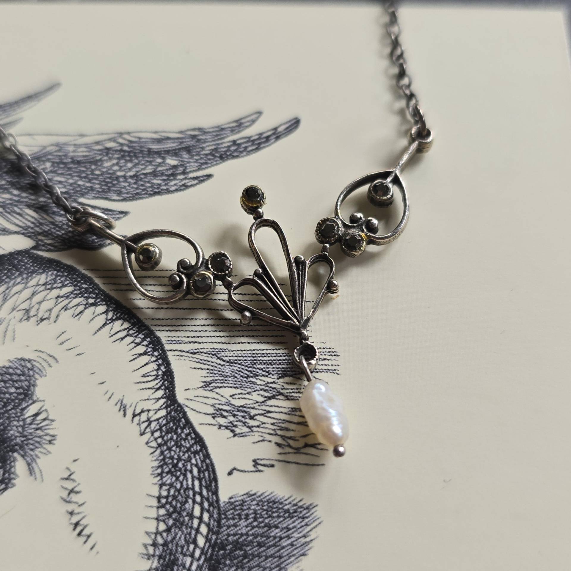Art Nouveau Collier, Kette 925 Silber, Markasit Und Süßwasserperlen, True Vintage, Floral, Jugendstil, Sterling Silver, Cottag Art Nouveau Collier, Kette 925 Silber, Markasit Und Süßwasserperlen, True Vintage, Floral, Jugendstil, Sterling Silver, Cottag von glaskult13