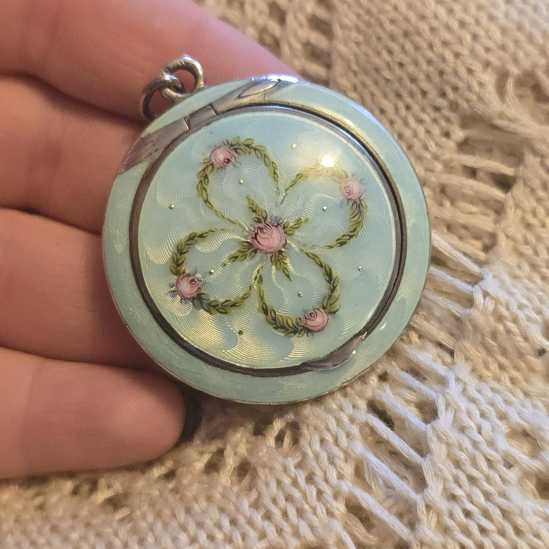 Art Nouveau Großes Emaille Medaillon Anhänger, 935 Silber, Spiegel, Floral, Jugendstil Blüten, Himmel, Pendant Cottage Landhaus Antik von glaskult13