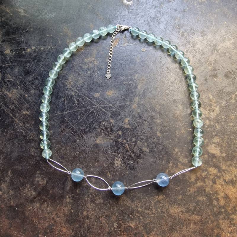 Blaue Fluorit Halskette Mit 925 Silber Ornamente, Edelstein Perlen, Runde 8 Mm Perlen, Glatte Perlen von glaskult13