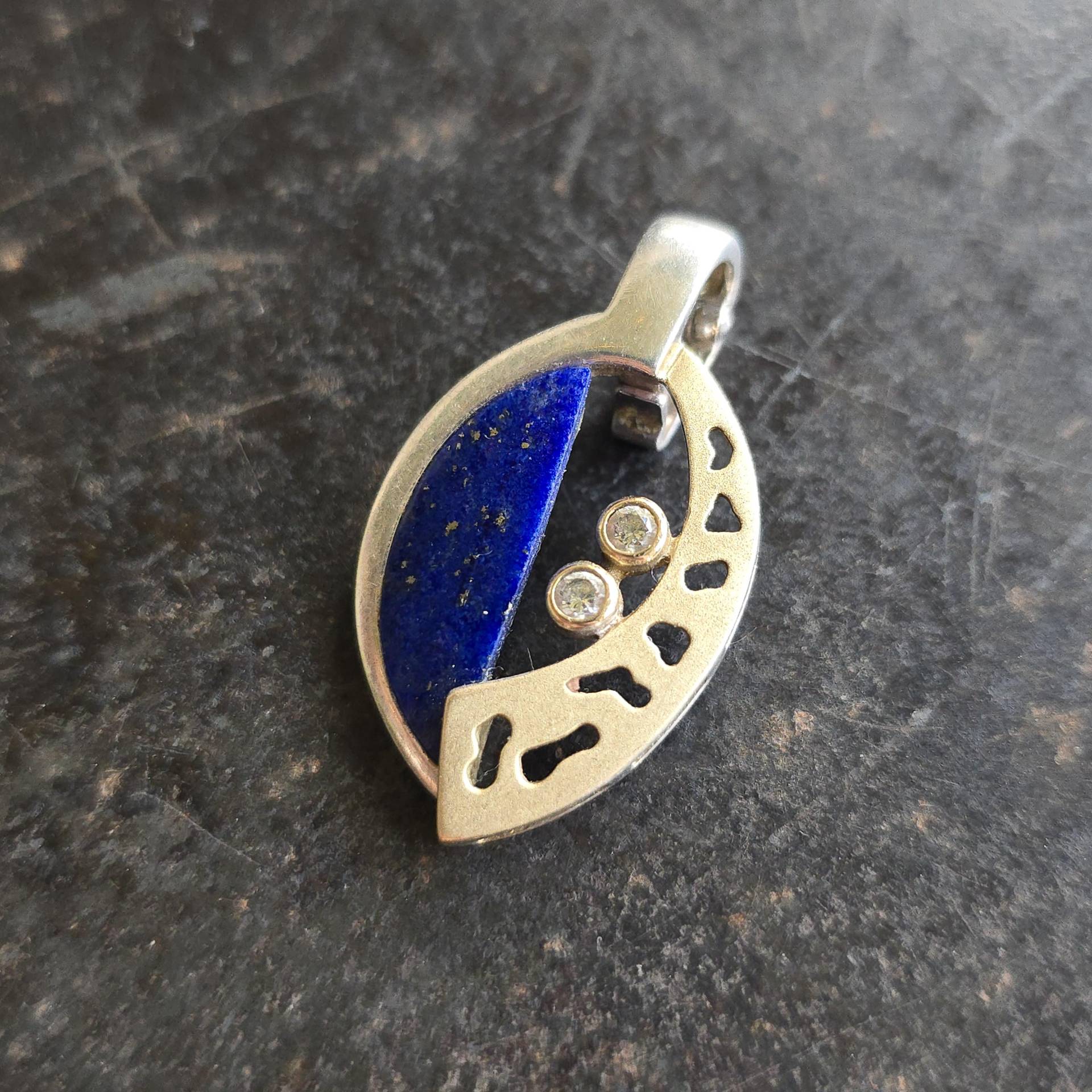Designer 925 Silber Vergoldeter Anhänger Mit Lapislazuli, Zirkonia Blauer Stein, 80S, Varioclip, Lagenlook, Handgefertigt von glaskult13