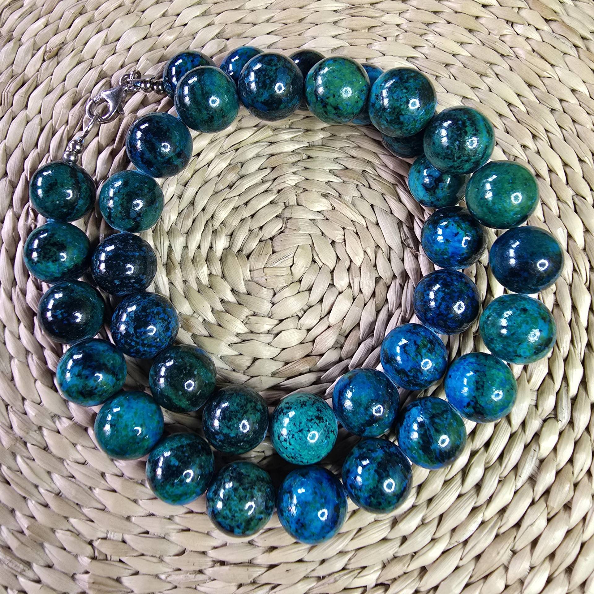Edelsteinschmuck Chrysokoll Collier, Kette Mit 925 Silber Verschluss, Naturstein, Ethno, Boho, Cottage, Design von glaskult13