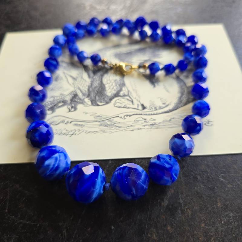 Seltene Art Nouveu 8K, 333 Gold Malachitglas Kette, Collier, Deco Glaskette Blau, Facettiert, Selten, Böhmen von glaskult13