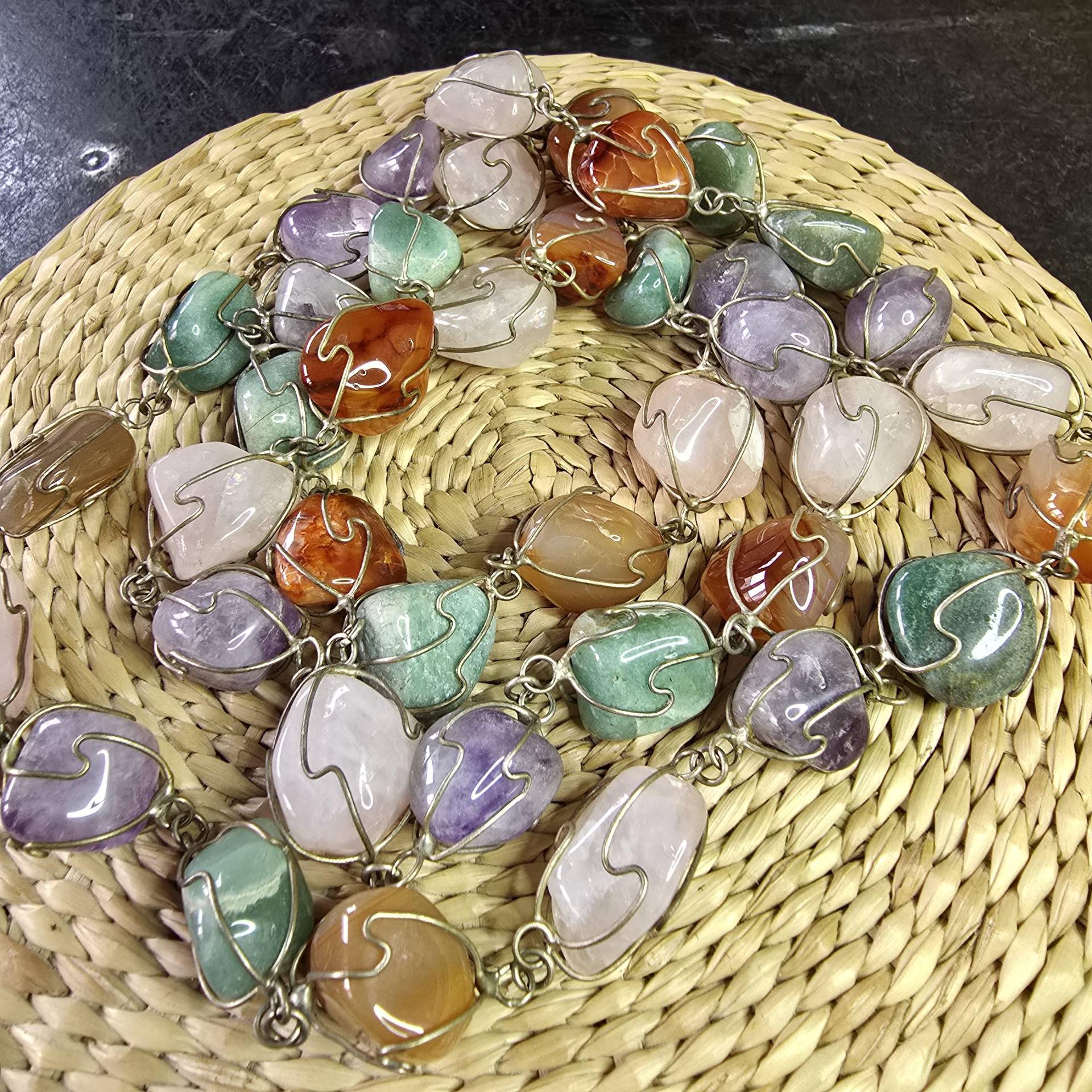 Vintage 70S Design Kette Mit Rosenquarz, Carneol, Aventurin, Amethyst, Versilbert, Midcentury, Silver Plated, Quarz, Larp, Boho, Bunt von glaskult13