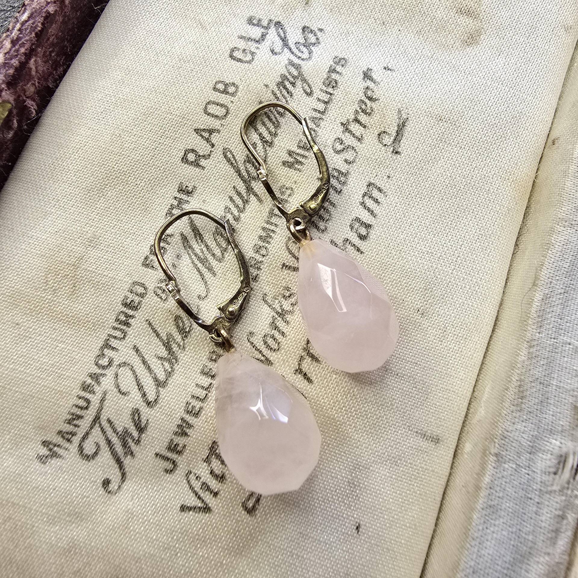 Vintage 925 Vergoldete Ohrringe Mit Rosenquarz Facettiert, Sterling Silver, Hängeohrringe, Drop, Heilstein von glaskult13